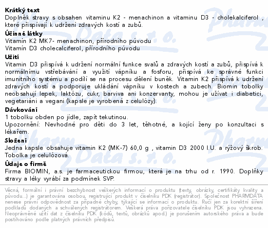 Biomin VITAMIN K2+D3 2000 I.U. PREMIUM tob.60+30